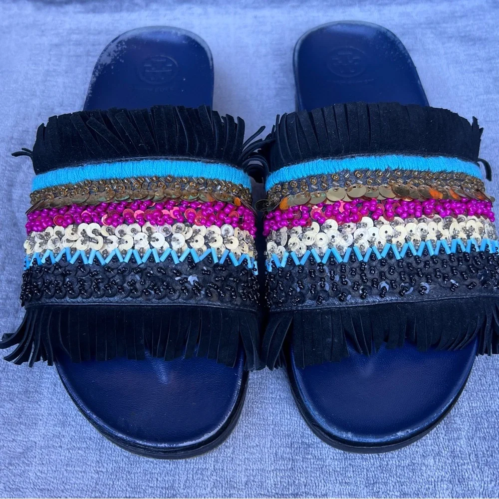 Tory Burch Isle Slides Women 8.5 Slip On Shoes Beaded Fringe Sequin Sandals